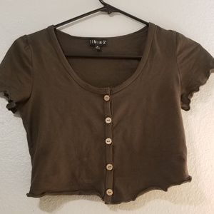 army green button up crop top